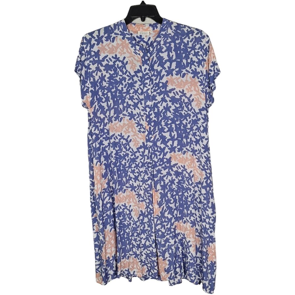 Masai Blue Peach White Gisan Tunic Dress Short Sleeve Button Collar L